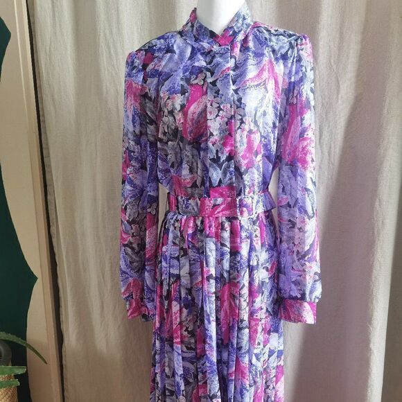 Sheer Belted Vintage Midi Dress Cuffed Long Sleeve 70s Spring - Picture 1 of 7